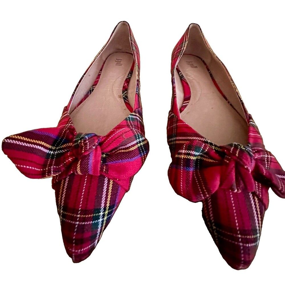 J.Jill Simone Slip On Mules Flats Size 9 Red Tartan Plaid Bow Preppy EUC